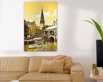 Pentekening Leiden Gouden Tekening Stadhuis en Kroonbrug Lijntekening van Hendrik-Jan Kornelis