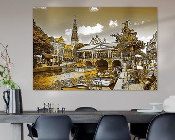 Dessin d'or Hôtel de ville et Kroonbrug Leiden Pays-Bas