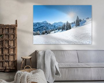 Sonnige Aussicht im Winter  im Allgäu und seine Bergkulisse von Leo Schindzielorz