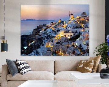 Windmills of Santorini in the glowing evening sky | Travel Photography Greece by Teun Janssen