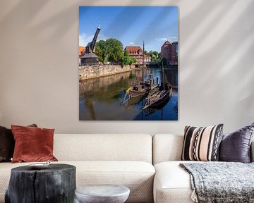 Oude kraan, Lüner molen, Ilmenau, Abtsmühle en Abtswasserkunst, Oude stad, Lüneburg, Nedersaksen, Du