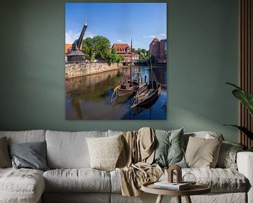 Oude kraan, Lüner molen, Ilmenau, Abtsmühle en Abtswasserkunst, Oude stad, Lüneburg, Nedersaksen, Du