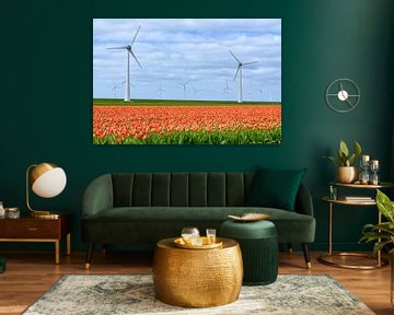 Tulips blossoming in a field during springtime with wind turbines by Sjoerd van der Wal
