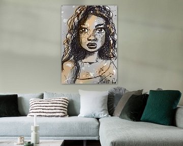 Portrait of young woman with curls. Golden yellow accents on and white canvas. Standing size artwork by Emiel de Lange