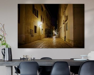 historical alley in the old town of Porec at night. by Heiko Kueverling