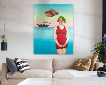 Vrouw in rood badpak bij de zee van Helmut Böhm