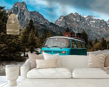 Adventurous volkswagen van in mountain landscape | Print on demand Vanlife Hippie by Milene van Arendonk