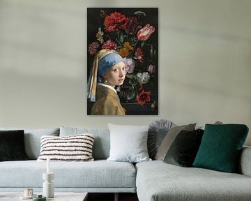 Mädchen mit einem Perlenohrring und einem Blumenmeer von Eigenwijze Fotografie