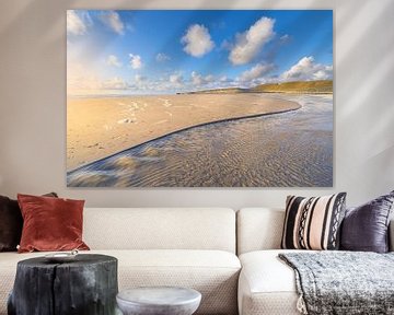 The beach at Hargen aan Zee at low tide with a beautiful sunset. The bright light gives the colours  by Bas Meelker