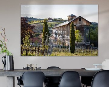 Gradierbau (salt works) in the spa gardens of Bad Dürkheim with a view of St. Michael's Chapel by Fabian Bracht