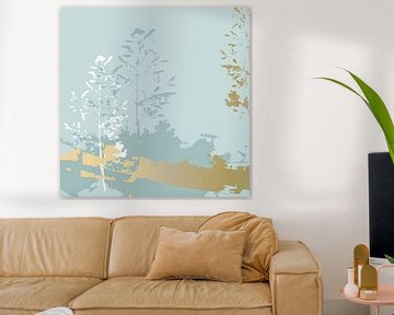Modern abstract botanical art. Grass in white on pastel mint green and gold. by Dina Dankers