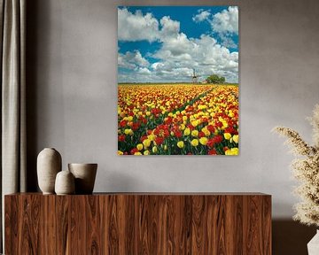 Moulin à vent avec champ de bulbes de tulipes rouges et jaunes, Pays-Bas, tour, montage sur Rene van der Meer