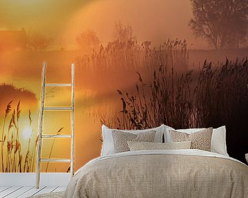 Reflection Sunrise in misty Polder by Coen Weesjes