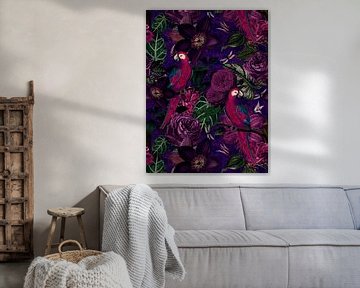 Atmospheric exotic floral pattern with birds in dark purple and burgundy tones by Andrea Haase