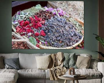 Colorful dried flowers and herbs for sale in a souk (market) in Marrakech, Morocco by WorldWidePhotoWeb