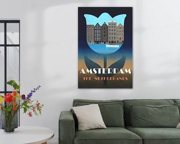 Amsterdam, vintage affiche met grachtenpanden in een tulp van Roger VDB