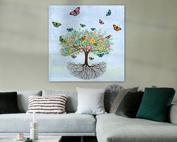 Levensboom met vlinders en bloemen van Bianca Wisseloo