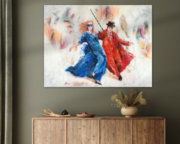 Dansen in blauw en rood. Acryl op doek door Hans Sturris.