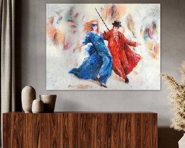 Dansen in blauw en rood, acryl op doek door Hans Sturris.