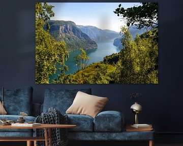 View from the high cliffs over the Aurlandsfjord in Norway during summer by Sjoerd van der Wal Photography