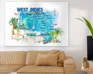 West-Indië geïllustreerde reiskaart met Benedenwindse en Bovenwindse Antillen van Markus Bleichner