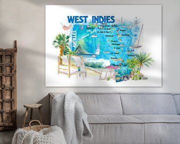 Westindische Inseln Illustrierte Reisekarte mit Leeward und Windward Antillen von Markus Bleichner