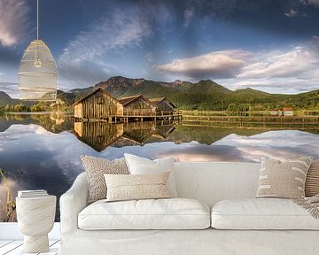 See mit Alpenpanorama in den bayerischen Alpen südlich von München