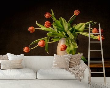Still life orange tulips by Monique van Velzen