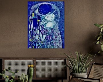 De Kus in blauwe tinten, geïnspireerd door   Gustav Klimt