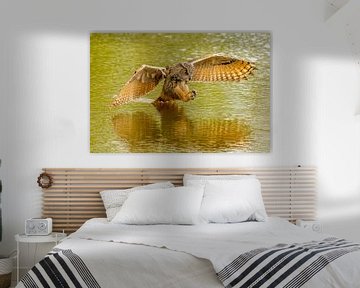 Ein wilder Uhu springt zu seiner Beute im Wasser. Mit dem Spiegelbild des Raubvogels. von Gea Veenstra