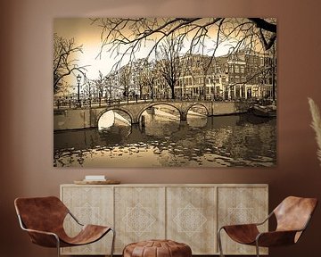 Sepia Tekening Brouwersgracht Keizersgracht Amsterdam Pentekening Lijntekening