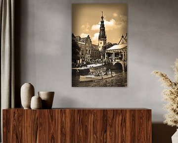 Pentekening Leiden Sepia Tekening Stadhuis en Kroonbrug Lijntekening