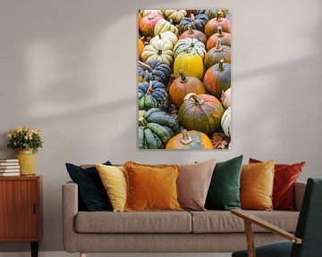 Kleurrijke pompoenen in verschillende vormen en kleuren in de herfst van Marc Venema