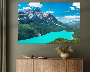helder turquoise water op een mooie zonnige en zomerse dag bij Peyto Lake in Banff National Park in 