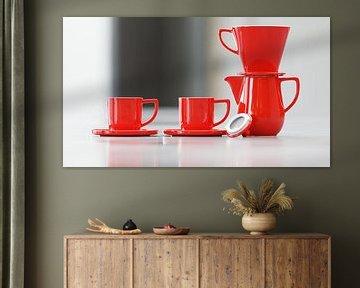 Koffiepot met filter en kopjes rood van Markus Gann