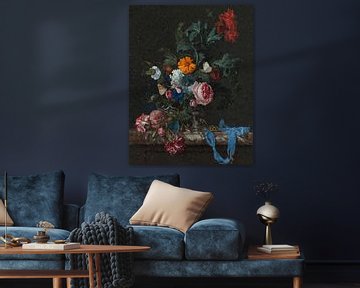 Stilleven met bloemen en horloge, low poly van Atelier Liesjes
