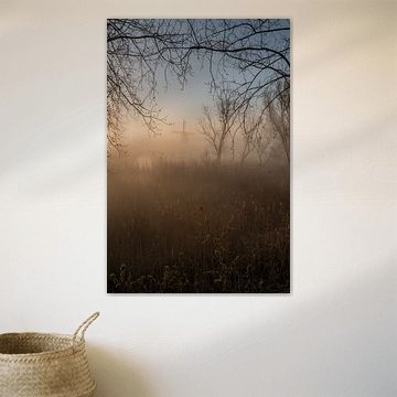 Nebliger Sonnenaufgang an der Mühle