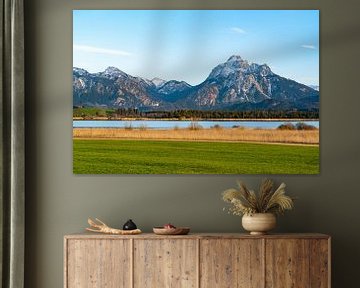 Zonnig uitzicht op de Hopfensee, kasteel Neuschwanstein en de berg Säuling van Leo Schindzielorz