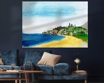 Strand, aan het Almyra strand - Elaiochorio - Griekenland - Aquarel geschilderd door VK (Veit Kessle