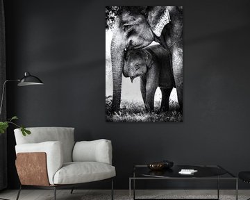 Elefanten Mama und Baby schwarzweiß