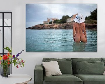 Young pretty woman naked at sunrise on Es Trenc beach in Mallorca by Vincent van Thom