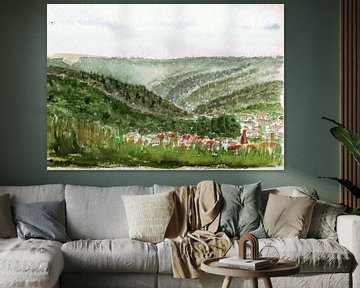 Dorf im Tal umgeben von Wald und Wiesen -  Aquarell gemalt von VK (Veit Kessler)