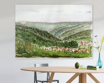 Dorp in het dal omgeven door bos en weiden - aquarel geschilderd door VK (Veit Kessler)