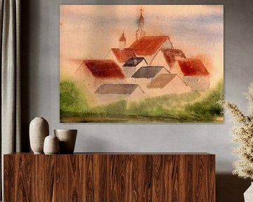 Klein dorp met kerk - aquarel geschilderd door VK (Veit Kessler)