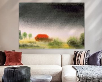 Paysage avec maison dans le brouillard / orage - aquarelle peinte par VK (Veit Kessler)