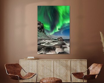 Aurora borealis on the beach in Norway. by Voss Fine Art Fotografie