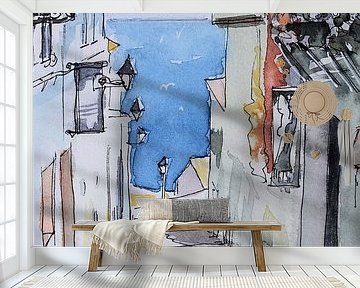 Straatje met zeezicht in Aquarel