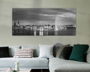 The skyline of Hamburg in black and white