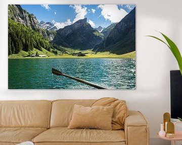 Rowing on the Seealpsee with a view of the Alpstein mountains by Besa Art