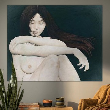 Nackte Frau sitzt in Gedanken